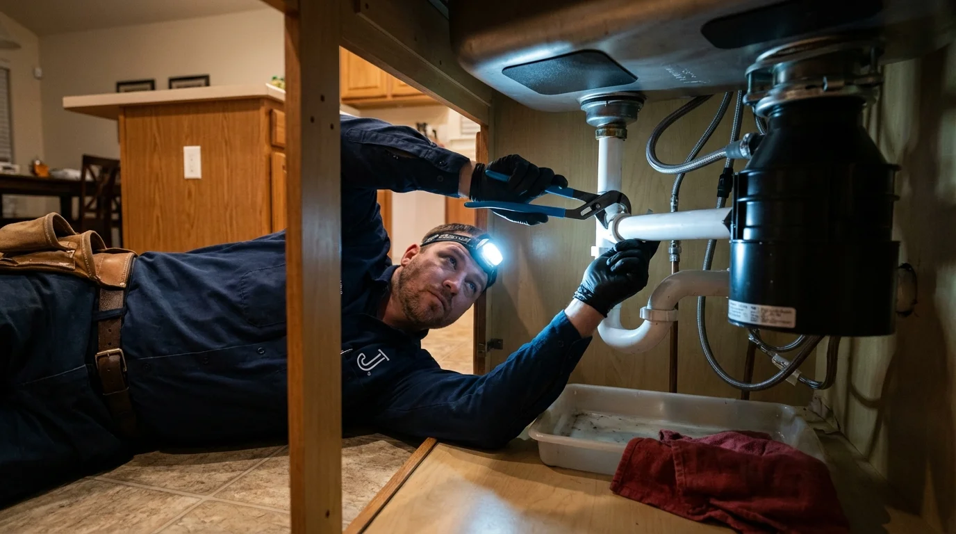 P-trap and supply line connections under a kitchen sink showing a common leak point in Pablo, MT